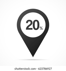 20% - Twenty Percent on map pin. Location pointer isolated on a white background.
Conceptual vector illustration.