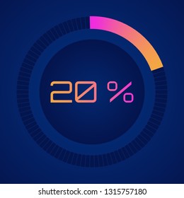 20 % twenty  percent. Vector digital count down circle board. Circular sector percentage diagrams (meters) - indicator with gradient from hot pink to orange. Vector Colorful pie charts