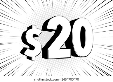 20$ twenty price symbol. Comic numbers with dollar sign on speed line bubble