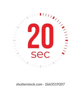 20 or twenty second timer, clock, stopwatch, time, countdown timer, cooking time icon. Red color dial representing time measurement, progress, deadline, chronometer, alarm, kitchen timer label.
