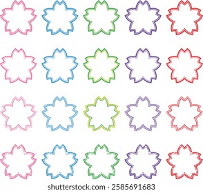 20 types of cherry blossom stamps in colors pink, light blue, yellow-green, purple, and red, as well as blurred stamps.