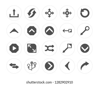 20 Upload, Refresh, Right arrow, Multiply, Horizontal arrows, Repeat, Drag, Shuffle, Right, Up arrow modern icons on round shapes, vector illustration, eps10, trendy icon set.