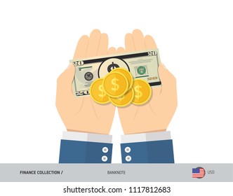 20 US Dollar Banknote and coins in the palm of hands. Flat style vector illustration. Finance concept.
