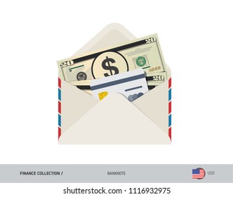 20 US Dollar Banknote. Flat style opened envelope with cash. Dollar banknotes and credit card. Salary payout or bank transaction concept.