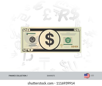 20 US Dollar Banknote. Flat style vector illustration isolated on currency background. Finance concept.