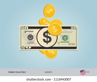 20 US Dollar Banknote with flying coins. Flat style vector illustration. Finance concept.