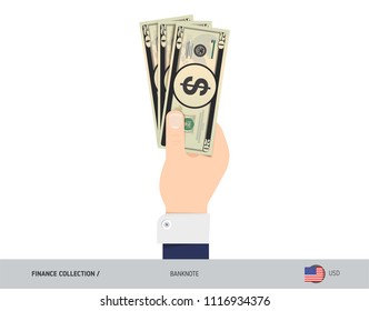 20 US Dollar Banknote. Hand gives money. Flat style vector illustration. Salary payout or corruption concept.