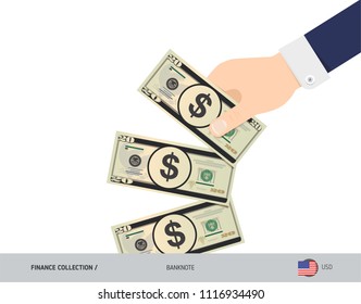 20 US Dollar Banknote. Hand throwing banknote. Flat style vector illustration. Waste of money concept.