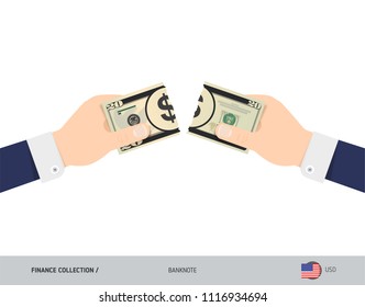 20 US Dollar Banknote. Hands tearing banknote. Flat style vector illustration. Business finance concept.