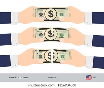 20 US Dollar Banknote. Hands tearing banknote set. Flat style vector illustration. Business finance concept.