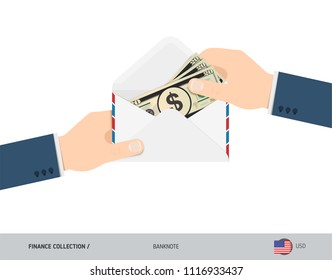 20 US Dollar Banknotes in envelope hold in hand. Flat style opened white envelope with cash. Salary payout or corruption concept.