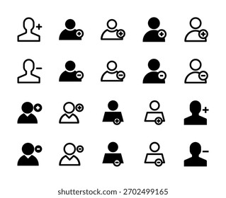 20 Usuário Adicionar e Remover Ícones Linha e Estilo Sólido para Gerenciamento de Conta