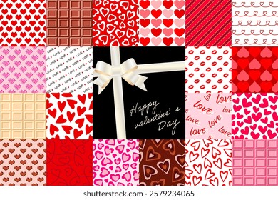 20 Valentine backgrounds, wallpapers, Heart shape vector seamless patterns, Red and pink colors