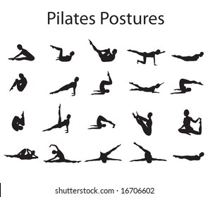 20 Various Pilates Postures Positions Silhouette Vector Illustration