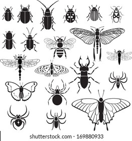 20 vector black images of insects on a white background