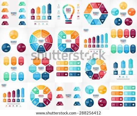 20 vector color infographics. Templates set for cycle diagram, graph, presentation and round chart. Business startup concept with 3, 4, 5, 6, 7, 8 options, parts, steps, processes. Arrows info graphic