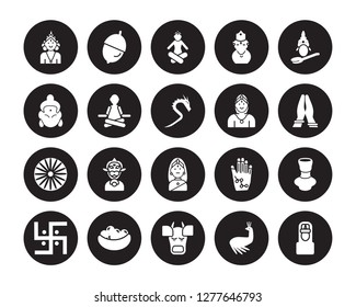 20 vector icon set : Ardhanareeswara, Peacock, indian Cow, Laddu, Swastica, Saraswati, Chandra, Gnostic, Ashoka, Guru, Lakshmi isolated on black background
