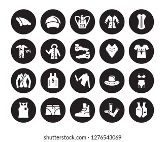 20 vector icon set : Beanie, Sock, Sneaker, Boxers, Sleeveless Shirt, Corset, Shawl, Turtleneck, Blazer, Parka, Bag isolated on black background