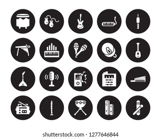 20 vector icon set : Bongo, Diapason, Kettledrum, Oboe, Radio cassette, Jack connector, Cymbal, Mp3, Jazz, Organ, Bass Guitar isolated on black background