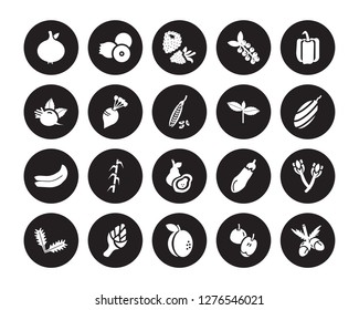 20 vector icon set : Breast milk fruit, Apple, Apricot, Artichoke, Arugula, Bell pepper, Basil, Avocado, Banana, Beet, Blackberry isolated on black background