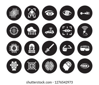 20 vector icon set : Chip, AI, ai Brain, AI grid, Ar camera, Bionic arm, Augmented reality, wand, Artificial intelligence, Big data, eye isolated on black background