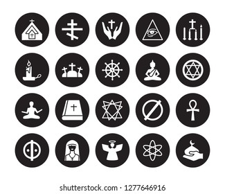 20 vector icon set : Church, agnosticism, Angel, Anglican, animism, Candles, Buddha, Bahai, Zen, Calvary, Christian isolated on black background