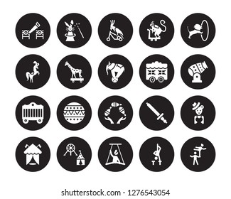 20 vector icon set : Circus Sawing, Acrobatics, Aerialist, Amusement park, arena, Lion, Car, Bottle throw, Cage, Giraffe isolated on black background