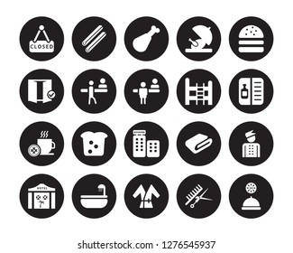 20 vector icon set : Closed, Barbershop, Bathrobe, Bathtub, Beach Hotel, Cheese burger, Bunk bed, Booking, Breakfast, Check out, Chicken leg isolated on black background