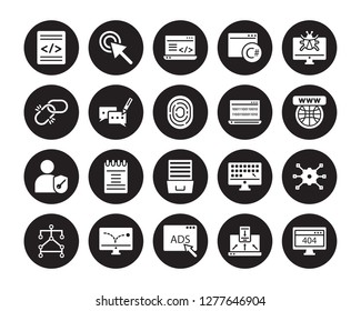 20 vector icon set : Code, Adaptive Layout, Advertising, advertising Bounce, Algorithm, Bug report, Binary code, Archive, Authorize, Blogging, Clean code isolated on black background