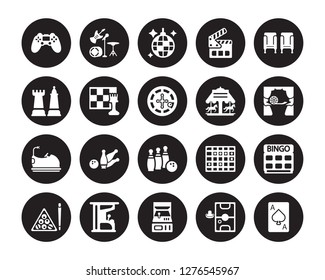 20 vector icon set : Controller, Air hockey, Arcade, Arcade game, Billiards, Cinema seat, Carousel, Bowling, Bumper car, Chess, Club isolated on black background