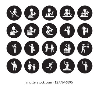 20 vector icon set : Cricket player, Archeologist, athlete, Baby sitter, Basketball Chemist, captain, HR Specialist, Butler, Cashier, Concierge isolated on black background