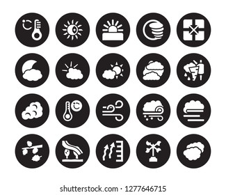 20 vector icon set : degree, Anemometer, atmospheric pressure, Aurora, Autumn, convergence, Clouds, Breeze, Cirrus cumulus, Cloudy Day, Dawn isolated on black background