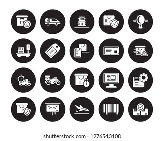 20 vector icon set : Delivery Info, Bar code, Arrival, Express mail, shield, Hot air balloon, Air delivery safety, Time, Tag isolated on black background