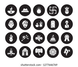 20 vector icon set : Diwali lamp, Rangoli, indian Elephant, Gate of india, Namaste, Kumbh kalash, Woman, Goddess, Kalasha, Man, Turkey isolated on black background