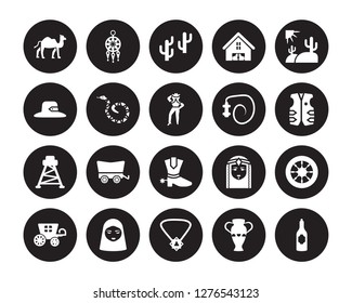 20 vector icon set : Dromedary, Amphora, Amulet, Arab, Carriage, Desert Landscape, cowboy Whip, Cowboy Boot, Tower, Crotalus, Tree isolated on black background