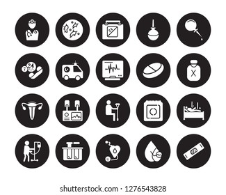 20 vector icon set : Drugs, Ampoule, Antibiotics, Blood donation, drop, Contraceptive pills, Broken leg, test, X ray, Cardiogram, Defibrillator isolated on black background