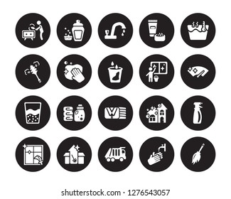 20 vector icon set : Dusting, Hand wash, Garbage truck, Cleaning House, Window, Hot water, Window cleaner, Clothes Cleaning, Emulsion, Wiping, Tap isolated on black background