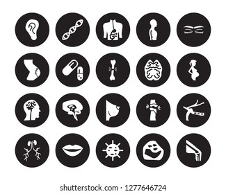 20 vector icon set : Ear lobe side view, Basophil, Big Cellule, Lips, Blood Supply System, Closed eyes with lashes and brows, Brain upper Bosom isolated on black background