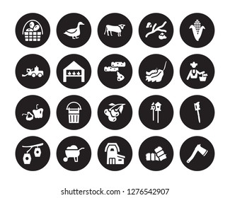 20 vector icon set : Egg, Bale, Barn, Barrow, Beehive, Corn, Caterpillar, berry, Capsicum, Chicken coop, Cow isolated on black background