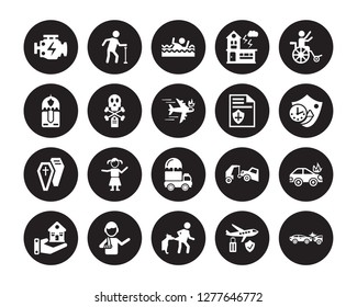 20 vector icon set : Engine problems, Air travel insurance, Bite, Broken arm, Building Disabled, Contract Coverage, Cargo Coffin, Death isolated on black background