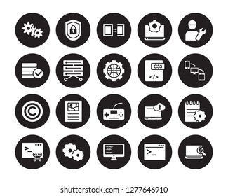 20 vector icon set : Engineering, Code terminal, Coding, Cogwheel, Command, Developer, Css, Console, Copyright, Data storage, Duplicate isolated on black background
