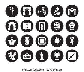 20 vector icon set : Excursion, Porcelain, Venus de milo, Closed, Poetry, Museum building, Mummy, Frame, Information desk, Trifold, Airbrush isolated on black background