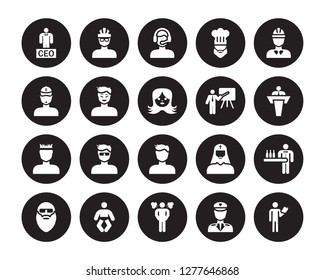 20 vector icon set : Executive Manager, Airplane pilot, Angry Man, Baby, Bald man face with beard and sunglasses, Construction worker, Businessmen Disussing, Boy isolated on black background