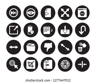 20 vector icon set : Fast forward, Connections, Copy, Crop, Cursor, Error page, Download, Dislike, Double arrow, Empty battery, Export isolated on black background