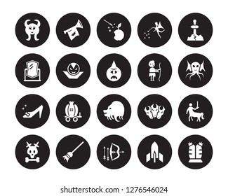 20 vector icon set : Faun, Atomic bomb, Bow and arrow, Broomstick, Caribbean, Excalibur, Curupira, Chimera, Cinderella shoe, Dracula, Fairy tale isolated on black background