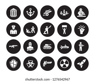 20 vector icon set : federal agency, Nuclear, Pistol, radiation, Shield, guerrilla, Revolt, Tank, Kalashnikov, Assault, artillery isolated on black background