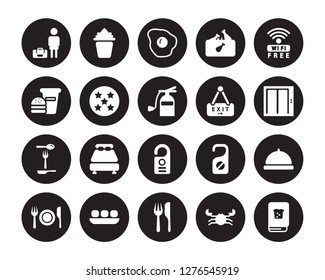 20 vector icon set : Guest, Crab, Cutlery, Dim sum, Dinner, Free wifi, Exit, Door hanger, Eating utensils, Five stars, Fried egg isolated on black background