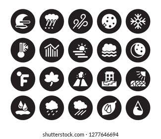 20 vector icon set : Haze, dew, Downpour, Drizzle, Drops, Frost, Foggy, Eruption, Farenheit, Forecast, Gust isolated on black background