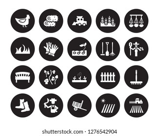 20 vector icon set : Hen, farm Field, Trailer, farmer, farmer Boots, Hanging pot, Gardening tools, Fertilizer, garden Bench, Gloves, Harvester isolated on black background