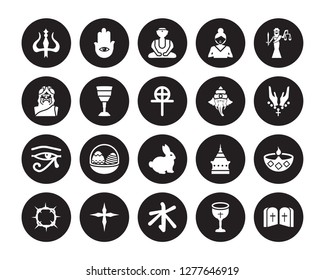 20 vector icon set : Hinduism, Communion, Confucianism, Cross, Crown of thorns, Goddess, Ganesha, Easter bunny, Eye ra, Goblet, Great buddha isolated on black background